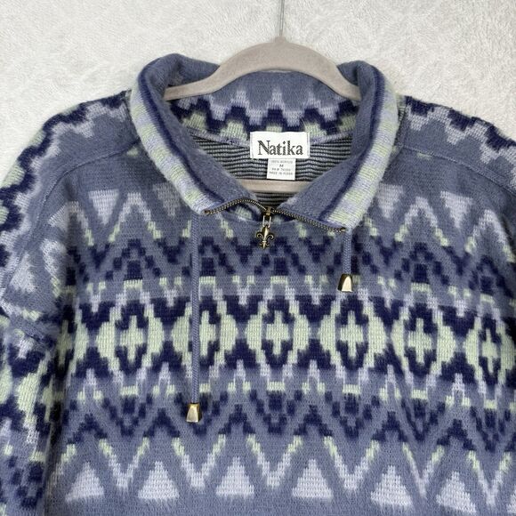 Vtg Aztec Pullover Jacket Womens Medium Blue Green Tribal Southwest Cozy Fuzzy - Picture 2 of 11